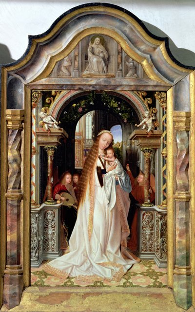 Jungfrau und Kind mit drei Engeln, mittleres Panel eines Triptychons, ca. 1509 von Quentin Massys or Metsys